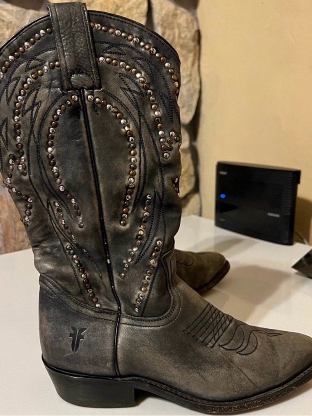 Frye Billy Studded Leather Cowboy Boots charcoal grey size 7 - Picture 2 of 5